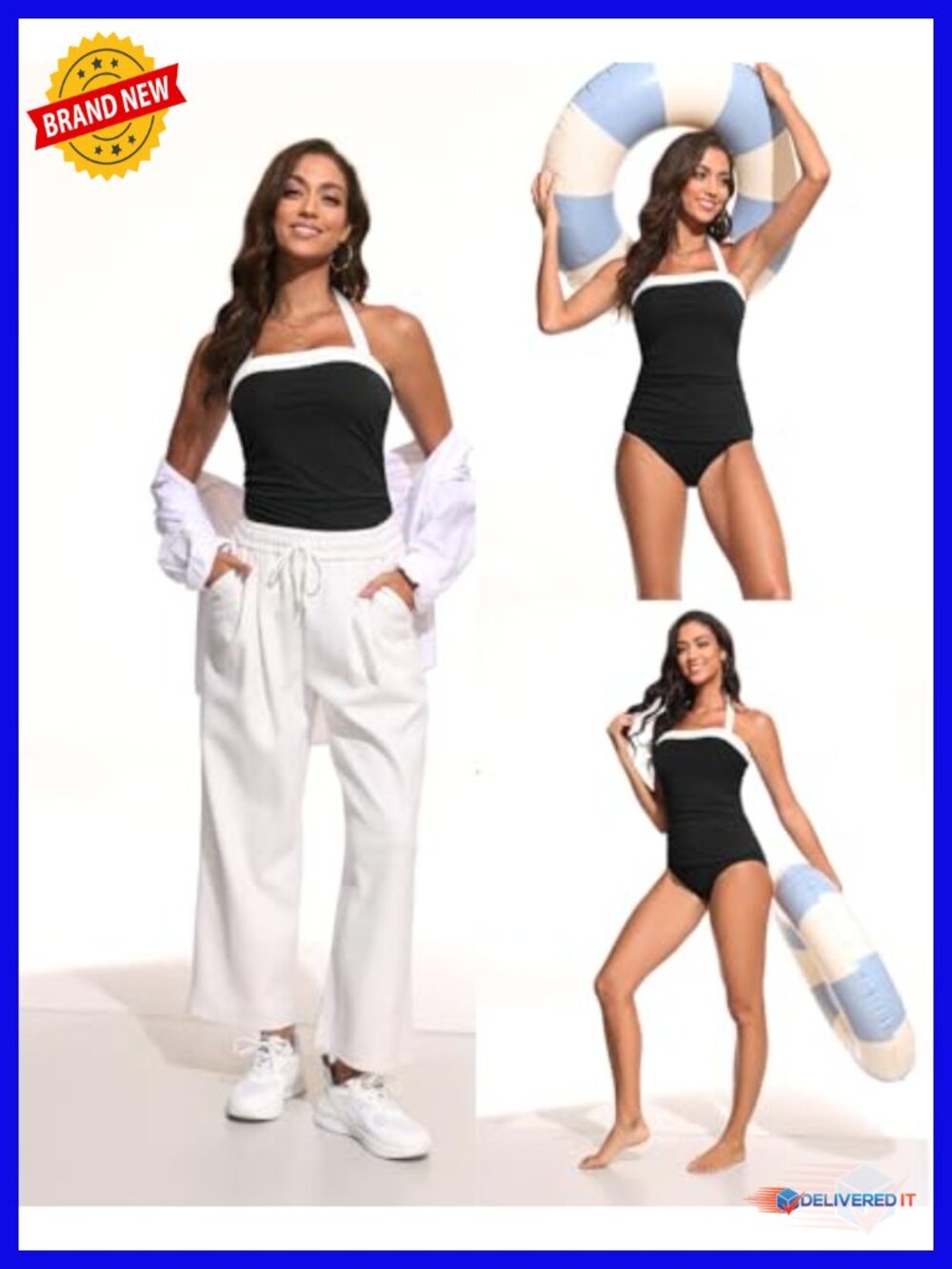 Two Piece Tankini Swimsuit Tummy Control Halter Swimwear High Waisted Bottom - Picture 4 of 6